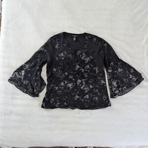 Alfani Black Floral Burnout Bell Sleeve V Neck Lined Blouse‎ Top Womens Sz Med